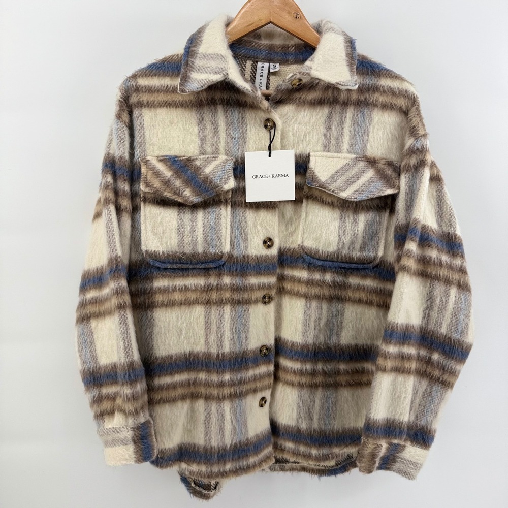 Grace + Karma Women Plaid Shacket Cream Brown Blue Fuzzy Jacket Small